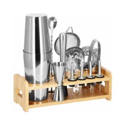 Barmanská sada s dreveným stojanom 14 dielov, nerezová SPRINGOS GROFF