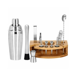 Barmanská sada s dreveným stojanom 12 dielov, nerezová SPRINGOS MARRERO