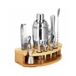 Barmanská sada s dreveným stojanom 12 dielov, nerezová SPRINGOS MARRERO
