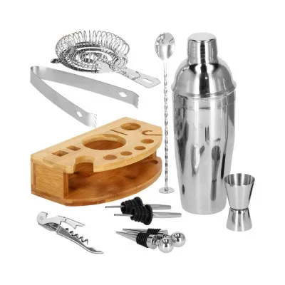 Barmanská sada s dreveným stojanom 12 dielov, nerezová SPRINGOS MARRERO