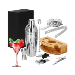 Barmanská sada s dreveným stojanom 12 dielov, nerezová SPRINGOS MARRERO