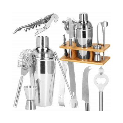 Barmanská sada s dreveným stojanom 9 dielov, nerezová SPRINGOS MARTINI