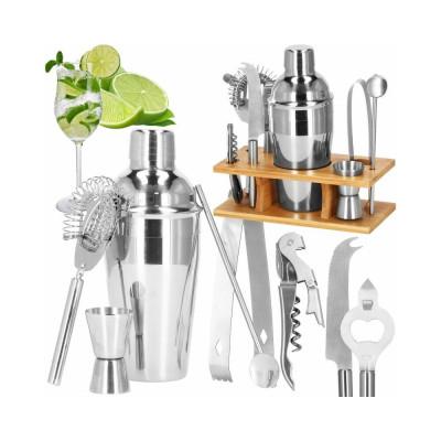 Barmanská sada s dreveným stojanom 9 dielov, nerezová SPRINGOS MARTINI