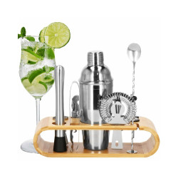 Barmanská sada s dreveným stojanom 12 dielov, nerezová SPRINGOS SUPERIOR