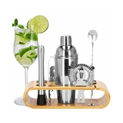 Barmanská sada s dreveným stojanom 12 dielov, nerezová SPRINGOS SUPERIOR