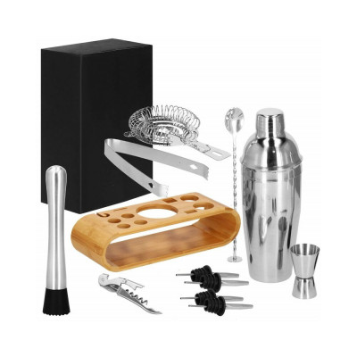 Barmanská sada s dreveným stojanom 12 dielov, nerezová SPRINGOS SUPERIOR