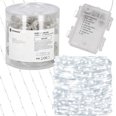 LED svetelný záves - 3x3m, 300LED, 8 funkcií, ovládač, 3xAA, IP44, studená biela
