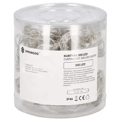 LED svetelný záves - 3x3m, 300LED, 8 funkcií, ovládač, 3xAA, IP44, studená biela