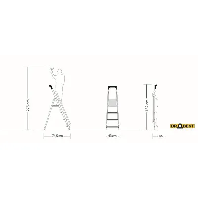 Hliníkové schodíky 5 stupňov s madlami DRABEST ALDP+P-5 PRO