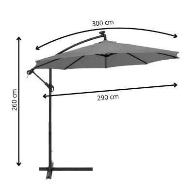 Záhradný slnečník s ľad osvetlením 290 cm, šedý SPRINGOS ATENA GU0046