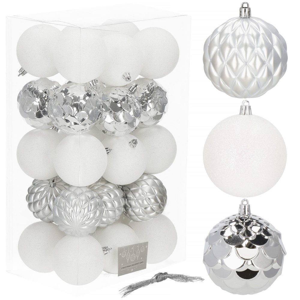 Vianočné banky bielo-strieborné mix - 8cm, sada 30ks