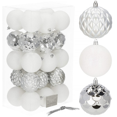 Vianočné banky bielo-strieborné mix - 8cm, sada 30ks