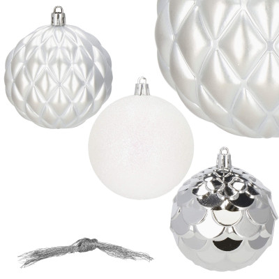 Vianočné banky bielo-strieborné mix - 8cm, sada 30ks
