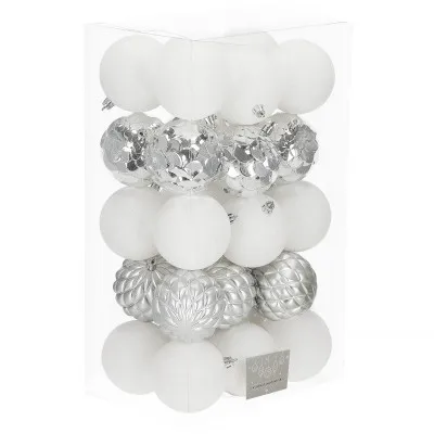 Vianočné banky bielo-strieborné mix - 8cm, sada 30ks