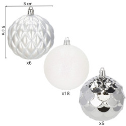 Vianočné banky bielo-strieborné mix - 8cm, sada 30ks
