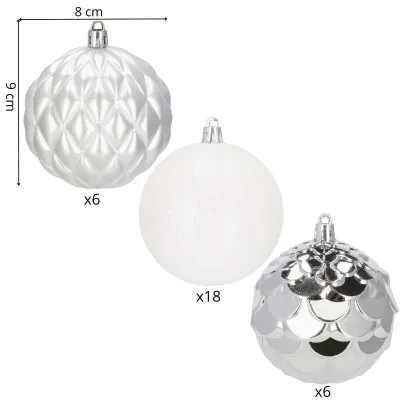 Vianočné banky bielo-strieborné mix - 8cm, sada 30ks
