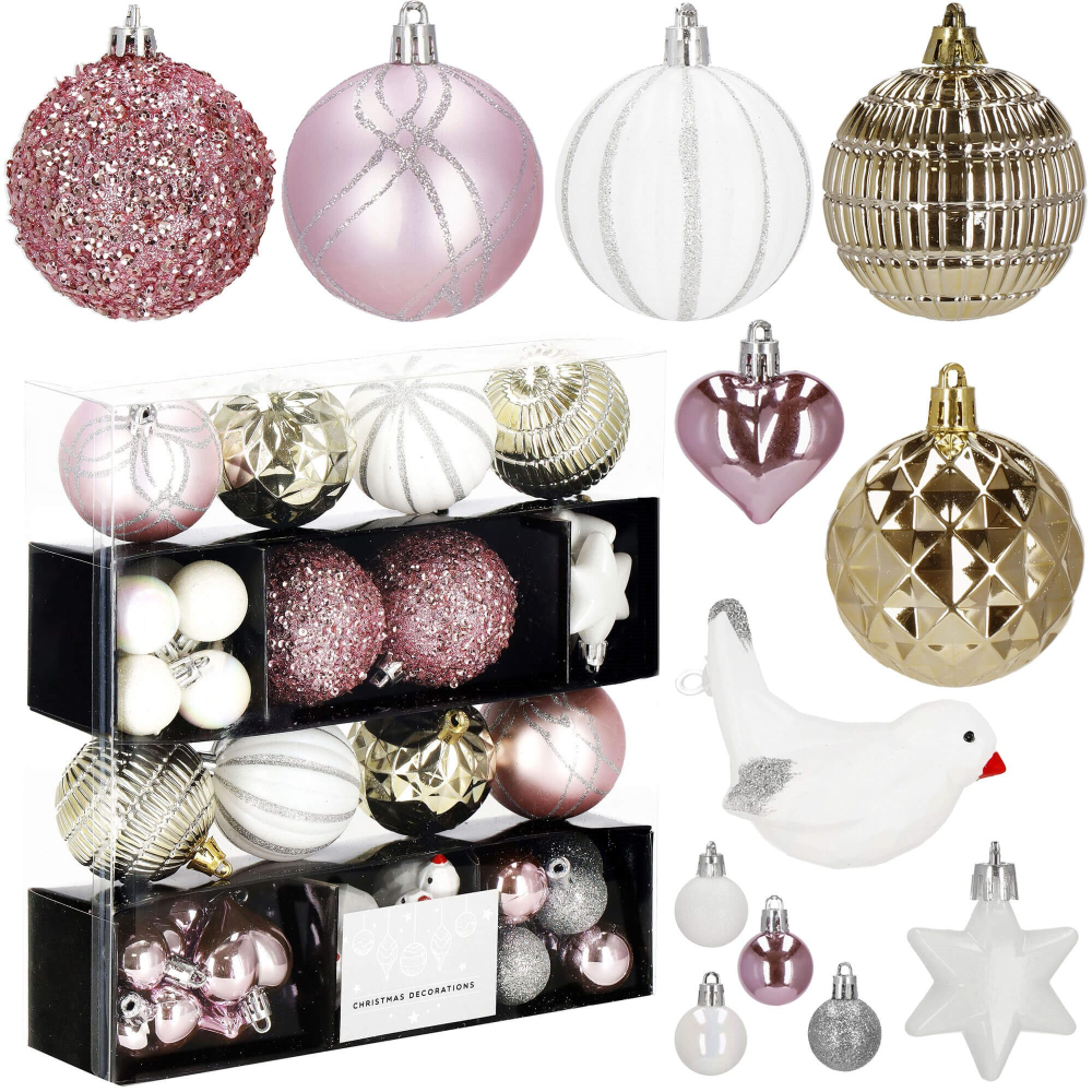 Vianočné ozdoby ružovo-biele mix - sada 38ks