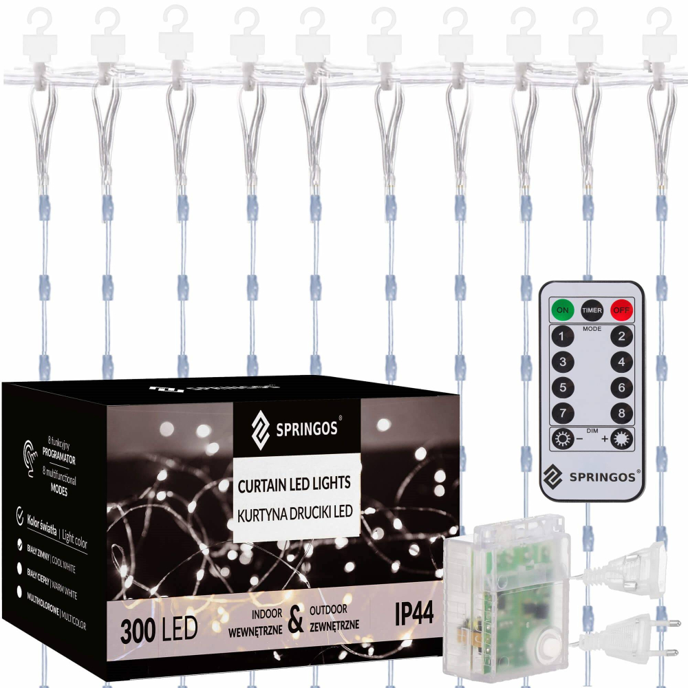 LED Nano záves - 3x3m, 300LED, 8 funkcií, ovládač, IP44, studená biela