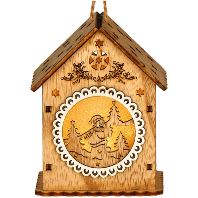 Drevený domček so snehuliakom svietiaci 6,5x9 cm, vianočná ozdoba