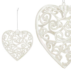 Srdiečko s ornamentmi 9cm biela perleť, vianočná ozdoba