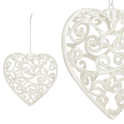 Srdiečko s ornamentmi 9cm biela perleť, vianočná ozdoba