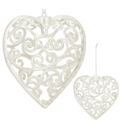 Srdiečko s ornamentmi 9cm biela perleť, vianočná ozdoba