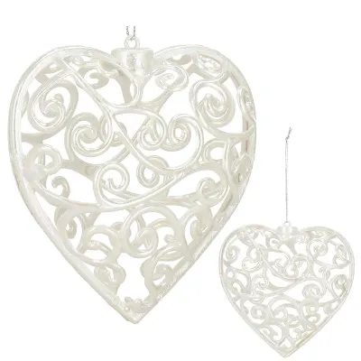 Srdiečko s ornamentmi 9cm biela perleť, vianočná ozdoba