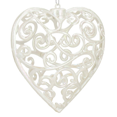 Srdiečko s ornamentmi 9cm biela perleť, vianočná ozdoba