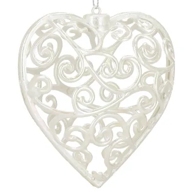 Srdiečko s ornamentmi 9cm biela perleť, vianočná ozdoba