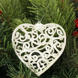 Srdiečko s ornamentmi 9cm biela perleť, vianočná ozdoba