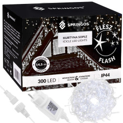 LED kvaple - 14,5m, 300LED, časovač, IP44, studená biela + záblesky