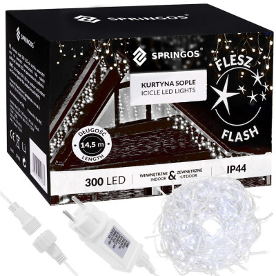 LED kvaple - 14,5m, 300LED, časovač, IP44, studená biela + záblesky