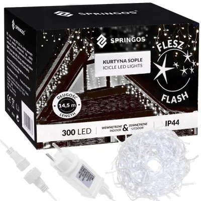 LED kvaple - 14,5m, 300LED, časovač, IP44, studená biela + záblesky
