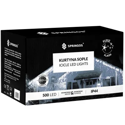 LED kvaple - 22,5m, 500LED, časovač, IP44, studená biela + záblesky