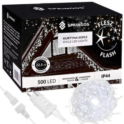 LED kvaple - 22,5m, 500LED, časovač, IP44, studená biela + záblesky