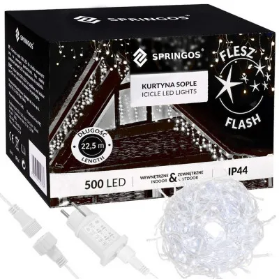LED kvaple - 22,5m, 500LED, časovač, IP44, studená biela + záblesky