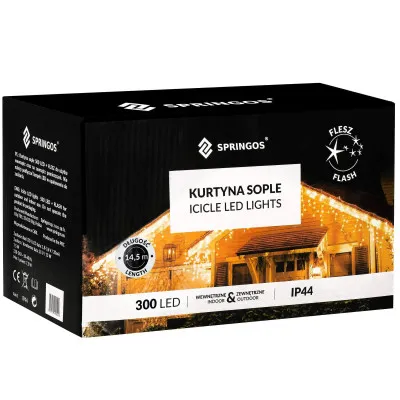 LED kvaple - 14,5m, 300LED, časovač, IP44, teplá biela + záblesky