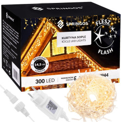 LED kvaple - 14,5m, 300LED, časovač, IP44, teplá biela + záblesky