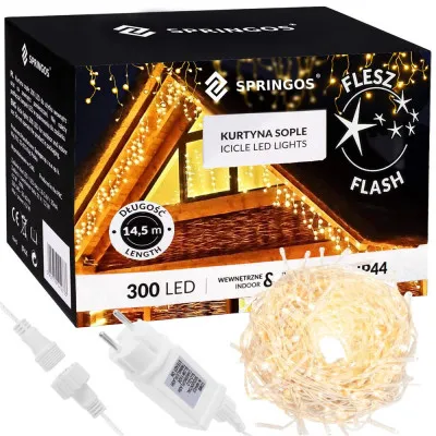 LED kvaple - 14,5m, 300LED, časovač, IP44, teplá biela + záblesky