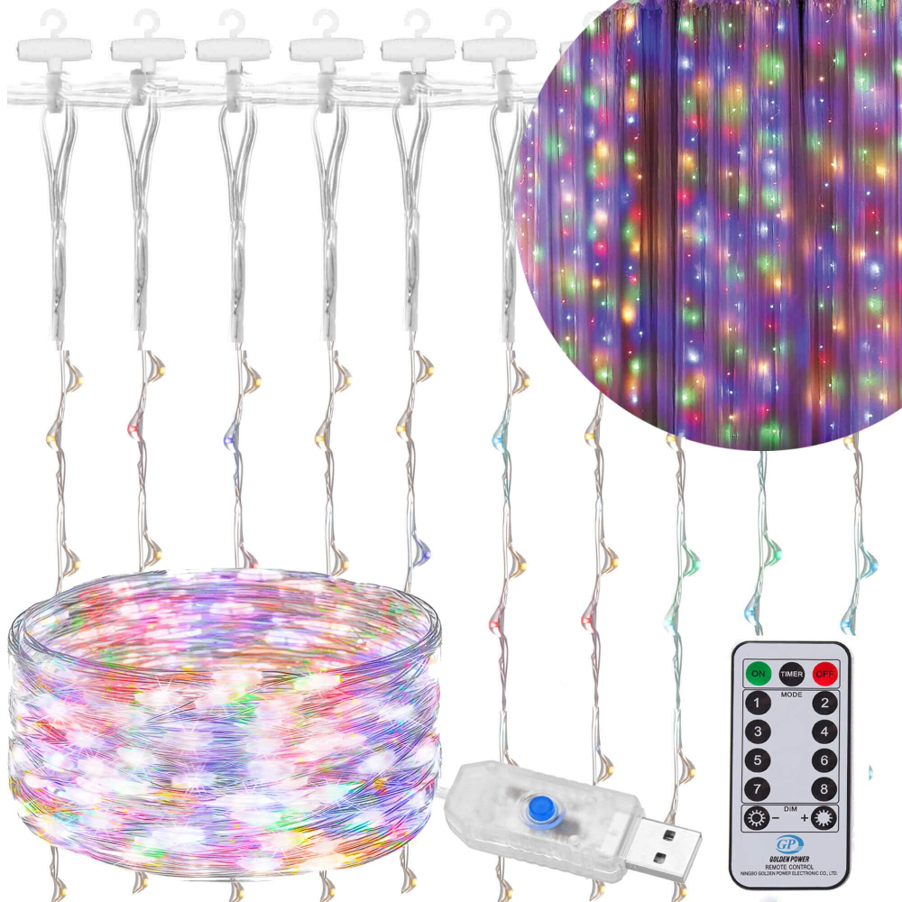 LED Nano svetelný záves - 3x3m, 300LED, 8 funkcií, ovládač, USB, IP44, multicolor