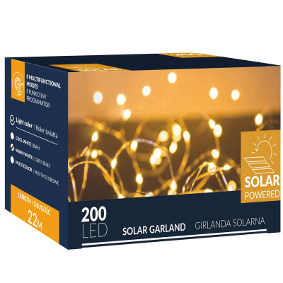 LED solárna reťaz Nano - 22m, 200LED, 8 funkcií, IP44, teplá biela