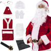 Kompletný 9-dielny oblek pre Santu Clausa / Mikuláša. V sete je bunda, nohavice, opasok, čiapky, návleky na topánky, fúzy, parochňa, rukavice, okuliare. a pohodlnému strihu perfektne padne akejkoľvek dospelej postave. pre dospelých.