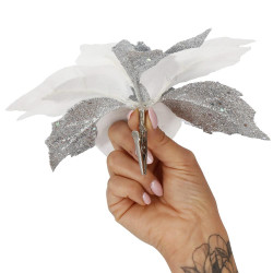 Vianočná hviezda s klipom 23x8,5cm bielo-strieborná, vianočná ozdoba