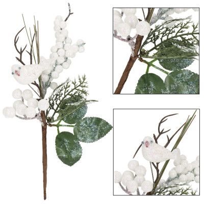 Vetvička s jarabinami a vtáčikom 25,5 cm, vianočné dekorácie