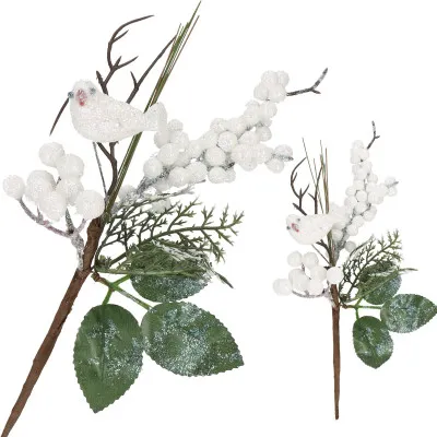 Vetvička s jarabinami a vtáčikom 25,5 cm, vianočné dekorácie