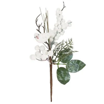 Vetvička s jarabinami a vtáčikom 25,5 cm, vianočné dekorácie