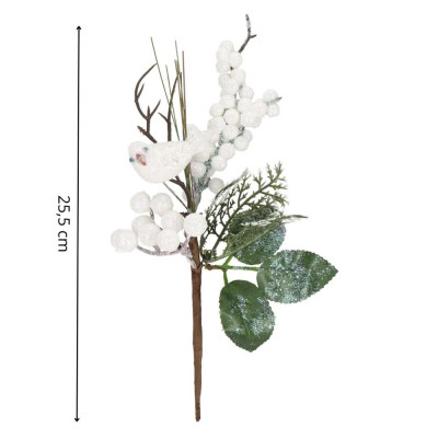 Vetvička s jarabinami a vtáčikom 25,5 cm, vianočné dekorácie