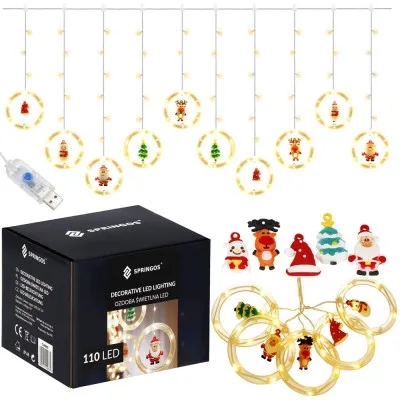 LED svetelný záves krúžky - 3x0,8m, 110LED, 8 funkcií, USB, IP44, teplá biela