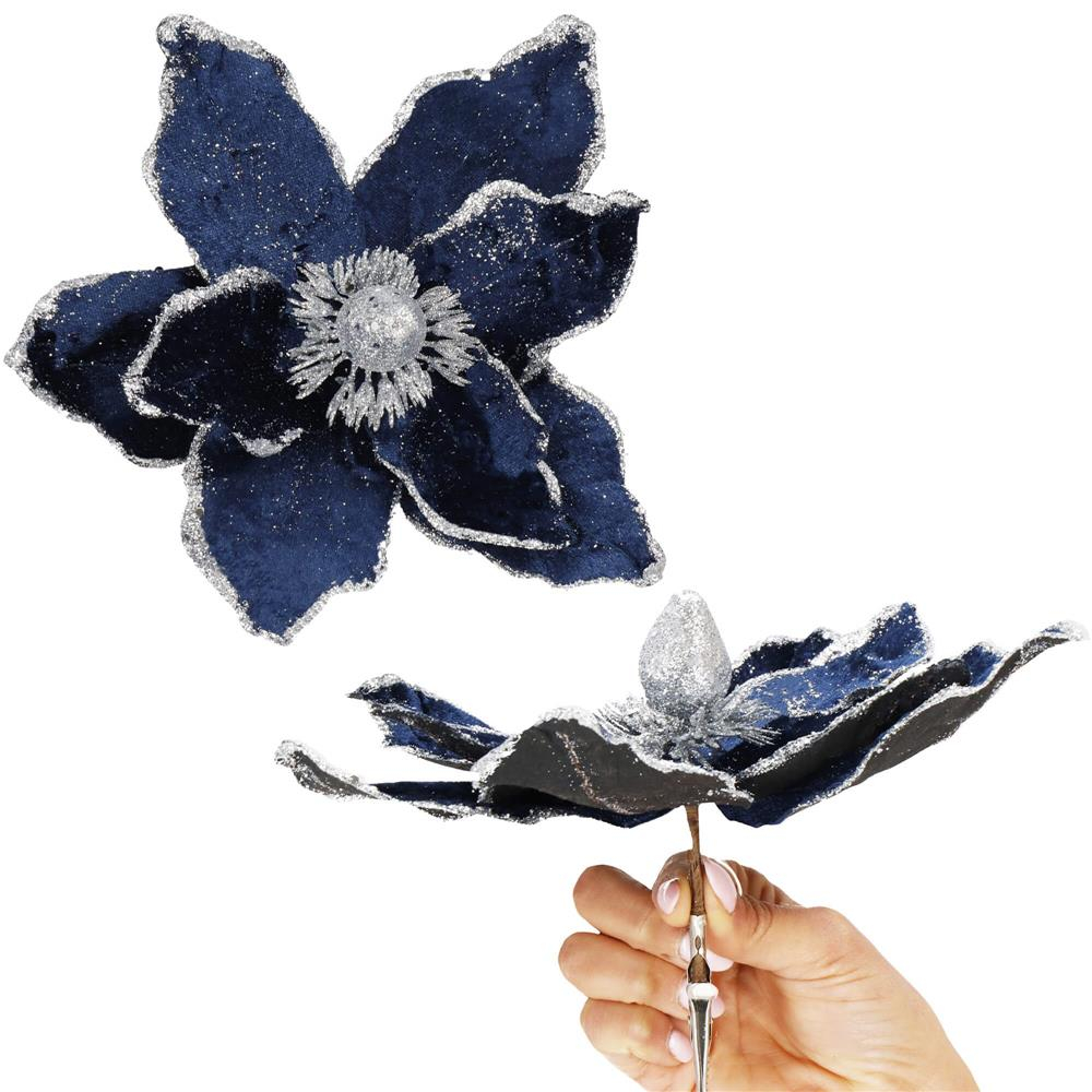Magnólia s klipom 25x20cm modro-strieborná, vianočná ozdoba