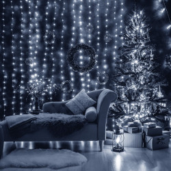 LED svetelný záves - 3x3m, 300LED, 8 funkcií, ovládač, pamäť, IP20, studená biela